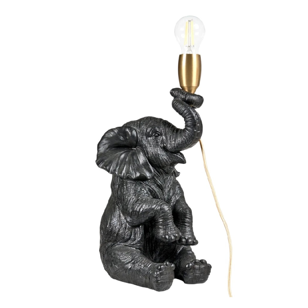 **Lampe à poser en forme d'éléphant en résine noire avec douille dorée**