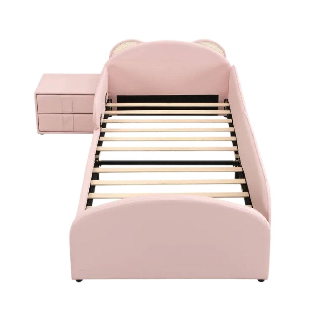 **Lit enfant en bois clair avec tête de lit arrondie et table de nuit assortie**
